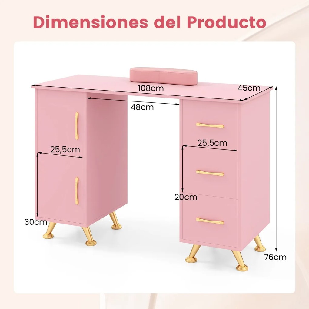 Mesa de manicure com gavetas Apoio para os pulsos Pernas metálicas para salão de beleza 108 x 45 x 76 cm Rosa