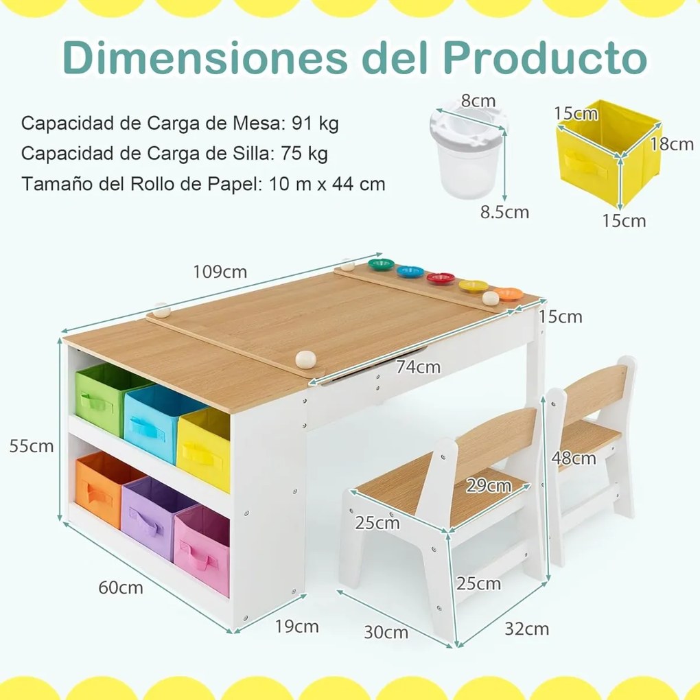 Conjunto de mesa e 2 cadeiras com cavalete para desenho, com copos para tinta e rolo de papel natural