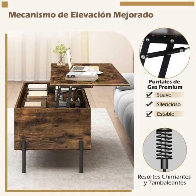 Mesa de centro 100 x 50 x 45 cm elevável com tampo ajustável, amplo compartimento oculto e 3 espaços abertos, com pés em metal Café