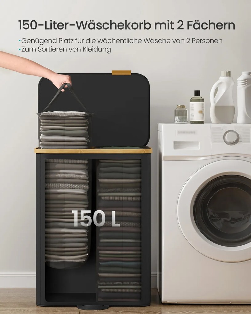 Cesto da roupa suja com tampa e saco removível 52 x 38,5 x 75 cm, 150 L, preto
