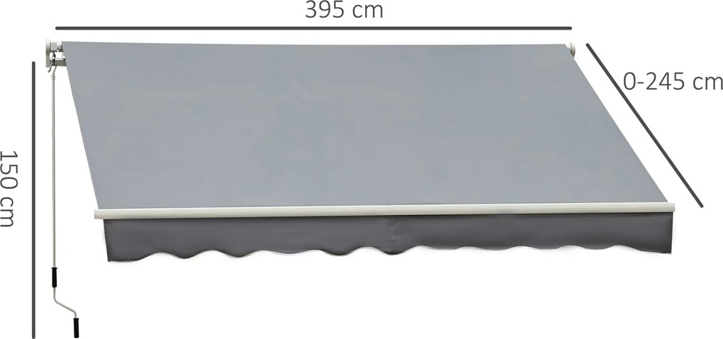 Toldo Retrátil 395x245 cm Toldo Exterior Terraço Manivela Ângulo Ajustável Alumínio e Poliéster 280 g/㎡ Proteção UV Cinza