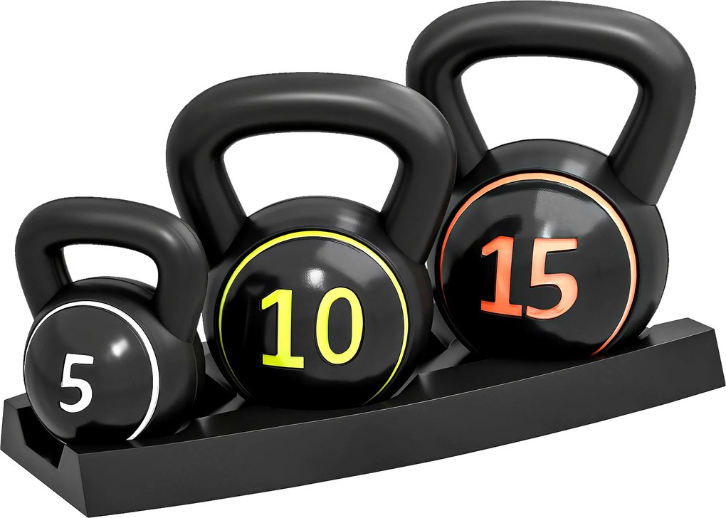 Conjunto de 3 pesos de 2,2, 4,5 e 6,8 kg com pega antiderrapante para treino desportivo e fitness, com suporte de arrumação preto