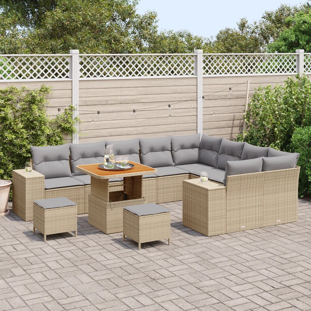 Conjunto de Sofá de Jardim vidaXL de 12 Peças com Almofadas Bege Ratta