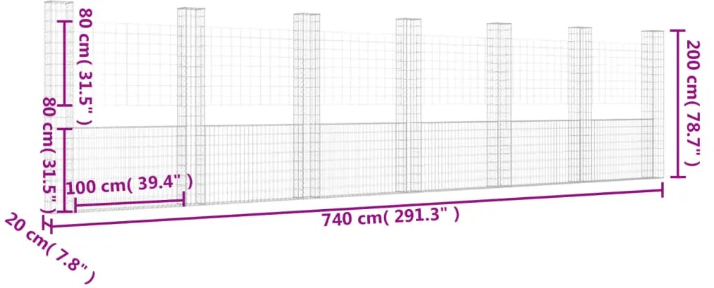 Cesto gabião em forma de U c/ 7 postes 740x20x200 cm ferro
