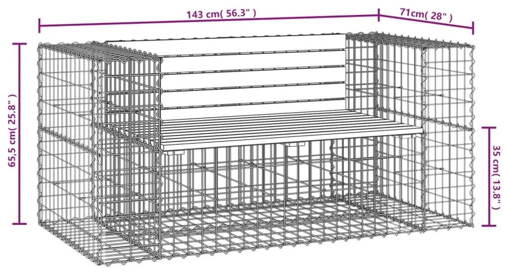 Banco jardim design gabião 143x71x65,5cm madeira douglas maciça