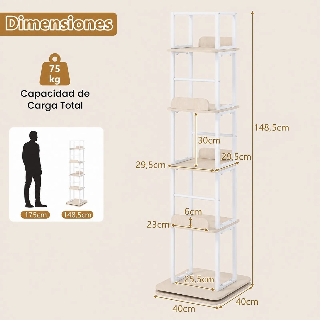 Estante Giratória para Livros de 5 Níveis, 40 x 40 x 148,5 cm, Rotação de 360°, Carvalho Branco