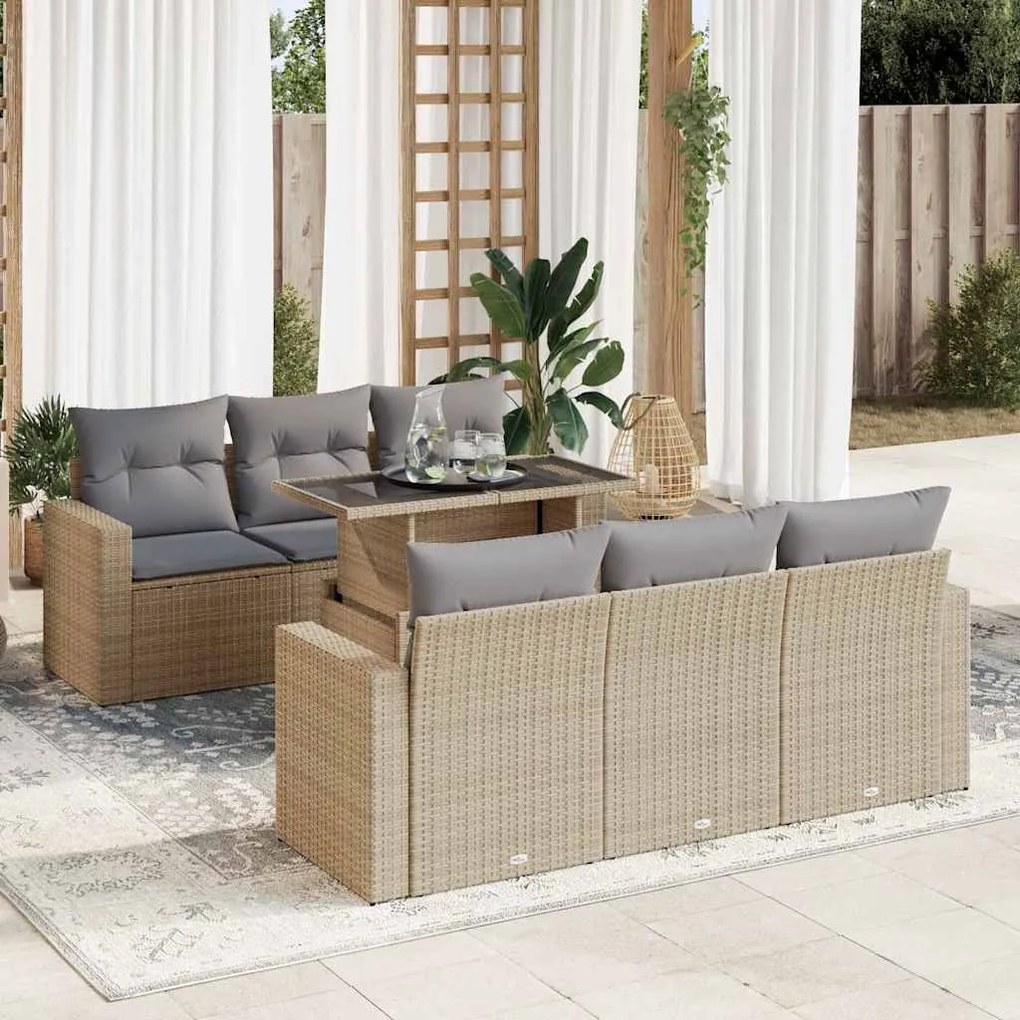 vidaXL 7 pcs conjunto de sofás p/ jardim com almofadões vime PE bege