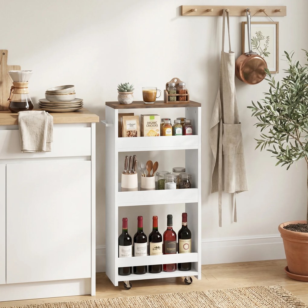 Carrinho de Cozinha Estreito de 3 Níveis com Rodas para Espaços Reduzidos, Sala de Jantar ou Sala, Branco