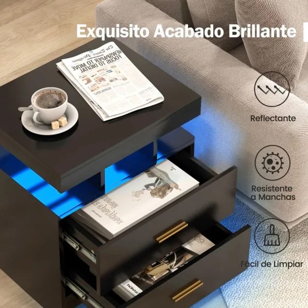 Mesa de cabeceira LED com 2 gavetas Mesa de cabeceira moderna com modo de luz ajustável e controlo remoto 50 x 40 x 58 cm Preto