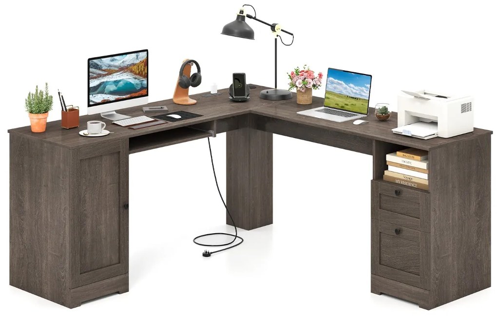 Secretária em forma de L com 2 gavetas, estante ajustável e bandeja para teclado Secretária executiva de canto Cinzento