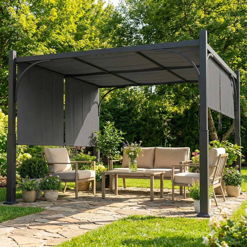 Pérgula de jardim de 3 x 3 m com Tenda deslizante, estrutura metálica, para exterior, cinzento escuro