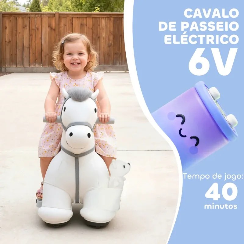 Cavalo Elétrico com Música Bateria 6V Brinquedo Elétrico Toque Suave Rodas Silenciosas de PU Movimento para a Frente 74x34x51 cm Branco