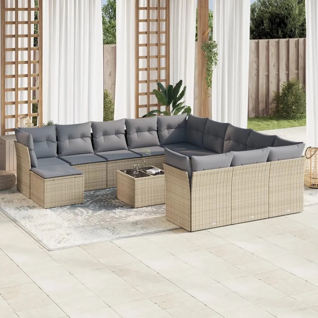 13 pcs conjunto de sofás p/ jardim com almofadões vime PE bege