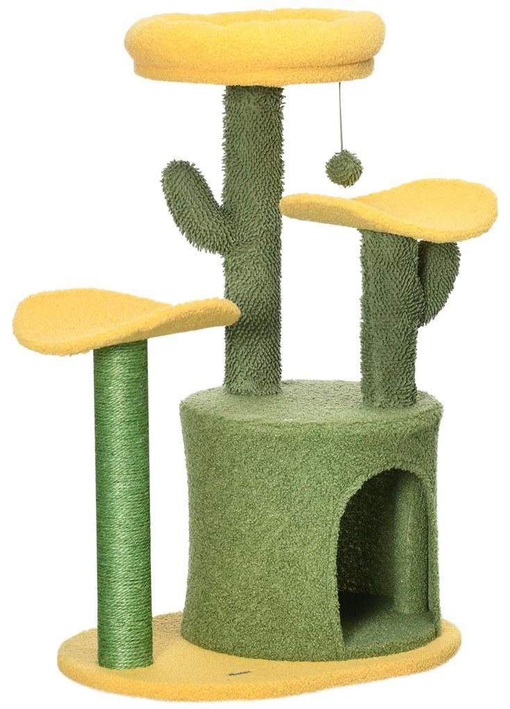 PawHut Arranhador Gatos Cacto Pelúcia Plataformas Postes Sisal 54x39x83cm Amarelo Verde Aventura Felina