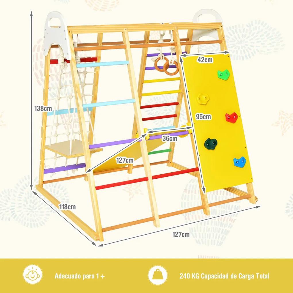Triângulo de escalada infantil 8 em 1 de madeira, escorrega, com escada de corda de baloiço deslizante playground interno Colorido
