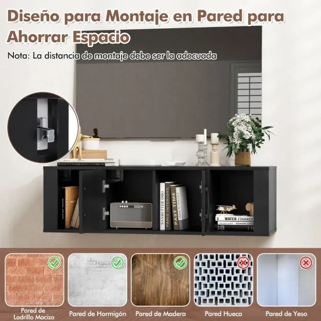 Armário suspenso para TV de 2 portas 108 x 33 x 30,5 cm com 2 cubos Consola de arrumação Preto