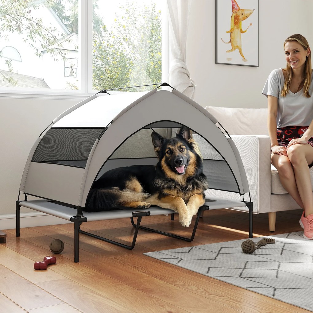 Cama Elevada para Cão com Toldo, 122 x 92 x 94 cm, Proteção Solar de 3 Lados, Cinzento-Claro