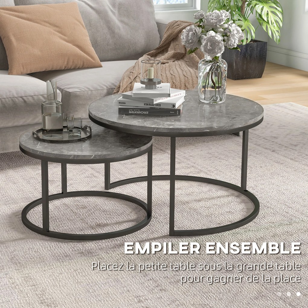 Conjunto de 2 mesas baixas centro encaixáveis e empilháveis, de design industrial, com tampo em imitação de cimento e pés em metal cinzentas e pretas