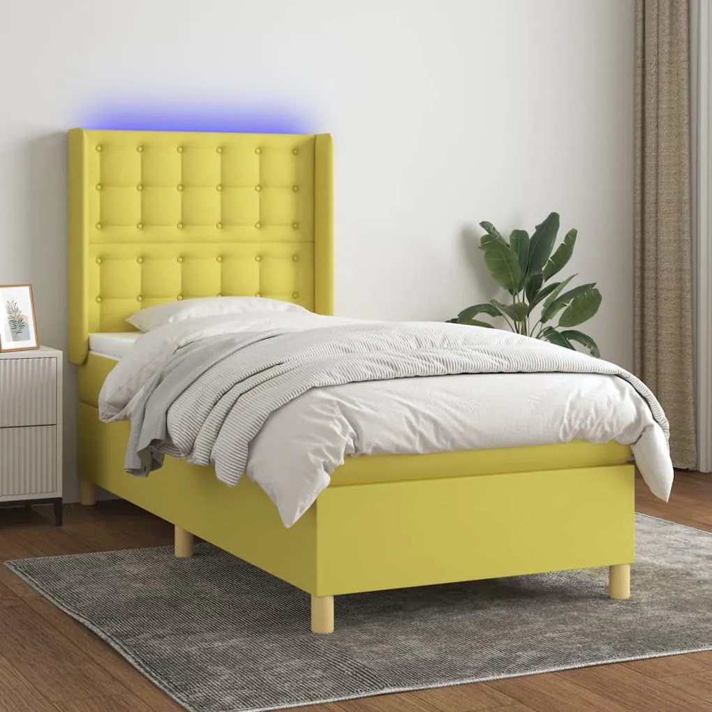 vidaXL Cama box spring c/ colchão e LED 90x190 cm tecido verde