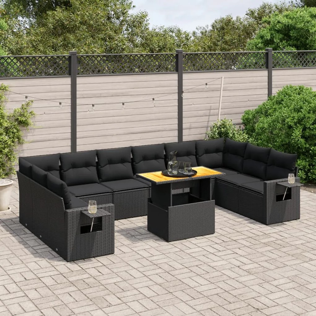 11 pcs conjunto sofás de jardim c/ almofadões vime PE preto