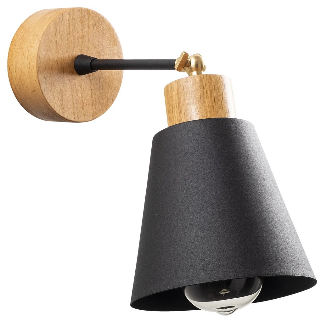 Aplique de Parede Manavgat – Preto e Carvalho – 14 cm Diâmetro, 25 cm