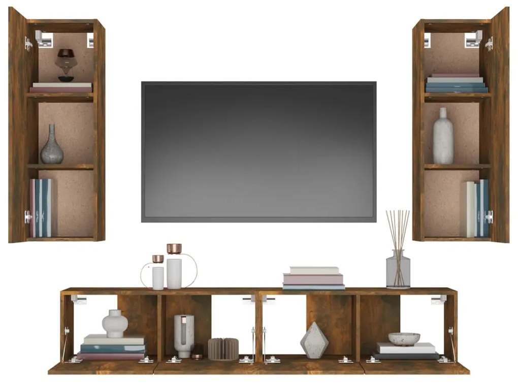 Conjunto móveis de TV 4 pcs madeira processada carvalho fumado