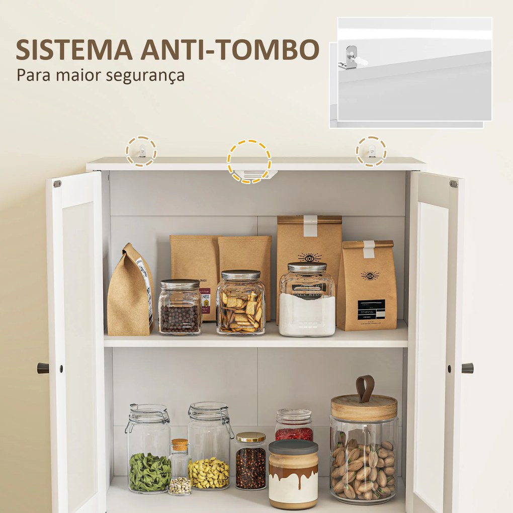 Armário de Cozinha Alto Móvel Auxiliar de Cozinha com 4 Portas de Vidro 2 Gavetas Prateleiras Ajustáveis 59x30x170 cm, Branco