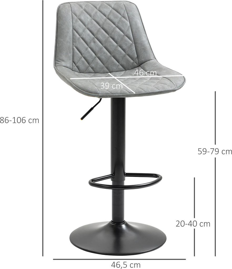 Conjunto de Bancos de Bar Estofados em PU (MESA NÃO INCLUIDA) Bancos Altos de Sala de Jantar com Altura Ajustável 46,5x51x86-106 cm Cinzento