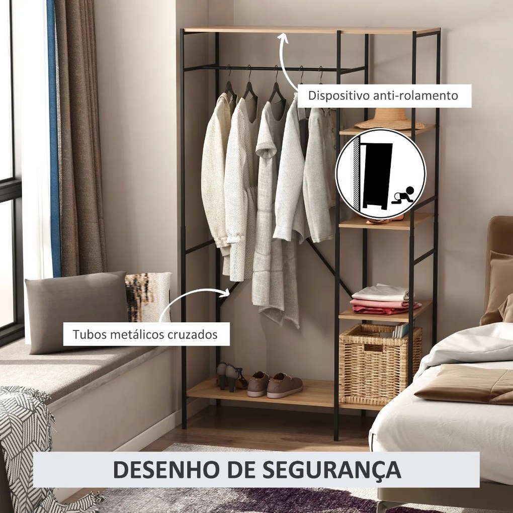 Guarda Roupa Aberto de Madeira com 4 Prateleiras de Arrumação e Barra de Pendurar 100x46x170,5cm Madeira e Preto