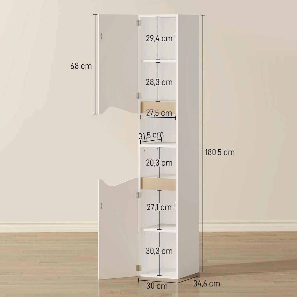 Armário de coluna estreito para casa de banho 30 x 34,6 x 180,5 cm, 2 portas, compartimentos abertos, prateleiras ajustáveis, branco
