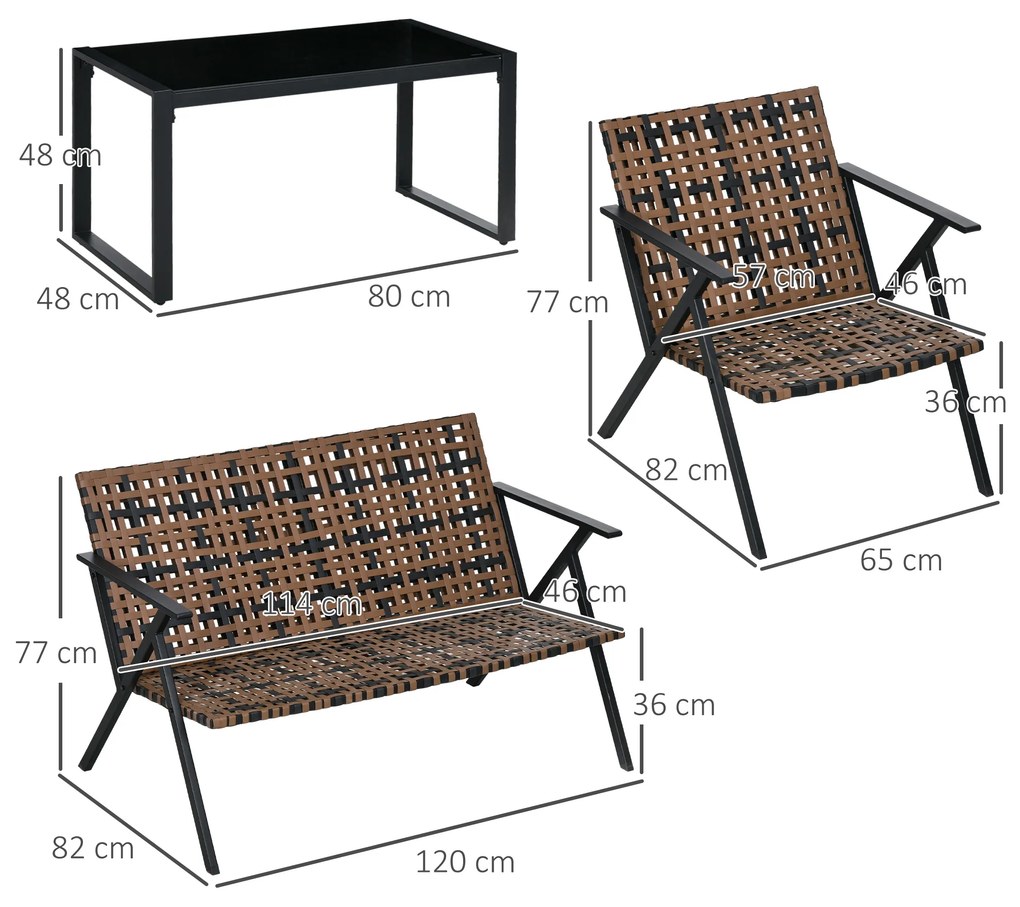 Conjunto de Jardim de 4 Peças em Vime Sintético com 2 Poltronas 1 Sofá de 2 Lugares e 1 Mesa de Vidro Castanho e Preto