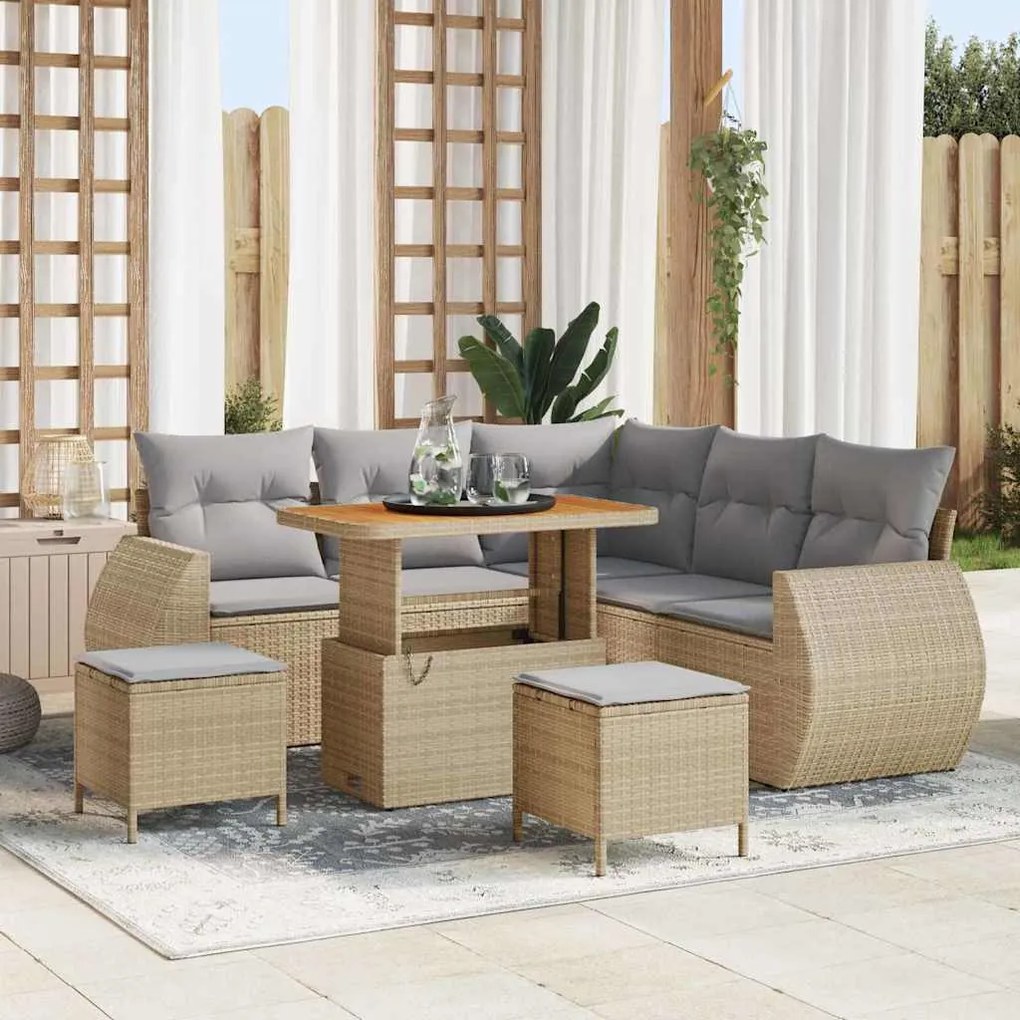 vidaXL Conjunto de Sofá de Jardim com 8 Peças e Almofadas Bejas em Rattan Sintético e Acácia