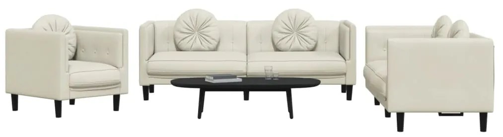 3 pcs conjunto de sofás com almofadas veludo cor creme