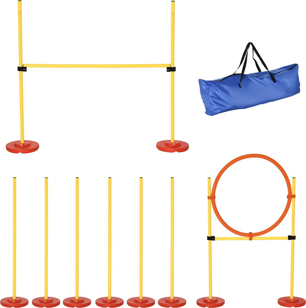 PawHut Treino Agilidade Cães 3 Peças Kit Agility Obstáculos Salto Aro Poste Altura Ajustável Diversão Exercício Amarelo | Aosom Portugal