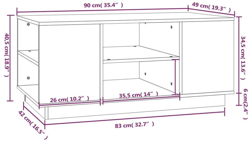 Mesa de centro 90x49x40,5 cm madeira de pinho maciça cinzento