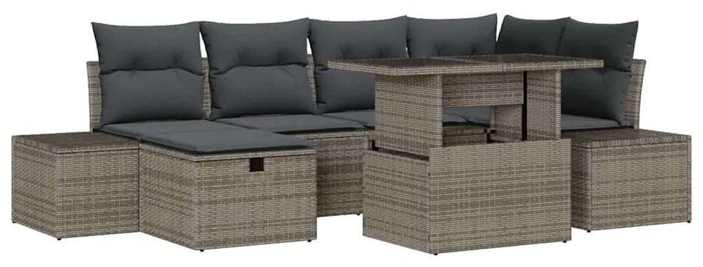 Conjunto de sofá de jardim 7 peças com almofadas cinzas em rattan sint