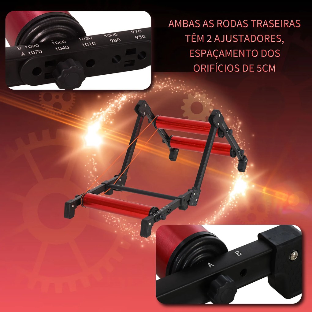 HOMCOM Rolos de bicicleta Treinamento Interno Rolo dobrável ajustável para ciclismo com pedal Esteira transportadora Suporta até 150 kg 146x55x10.5 cm Vermelho e preto