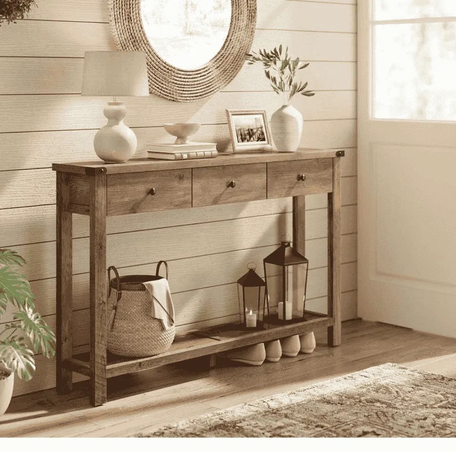 Mesa consola com três gavetas e prateleira inferior para corredor 24 x 120 x 76 cm castanho mel