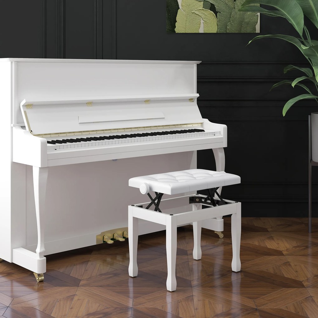 Banco de piano, banco de teclado com altura ajustável em madeira maciça, assento estofado, 64 x 35 x 45-55 cm, branco