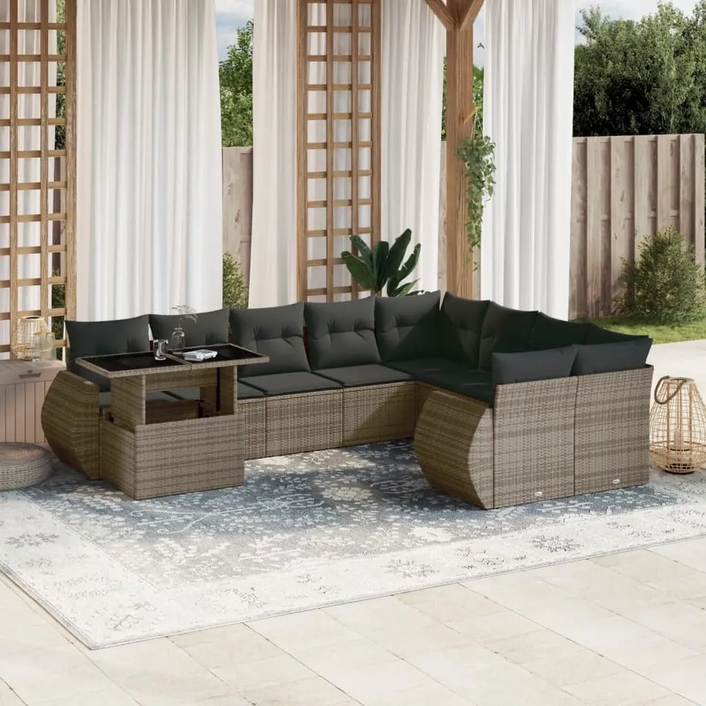 10 pcs conjunto sofás de jardim c/ almofadões vime PE cinzento