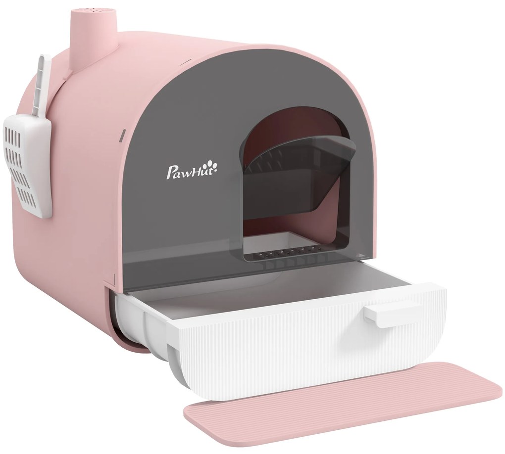 PawHut Caixa de Areia para Gatos com Porta Dianteira Bandeja Removível Pá Tapete e Filtro 43x44x47 cm Rosa
