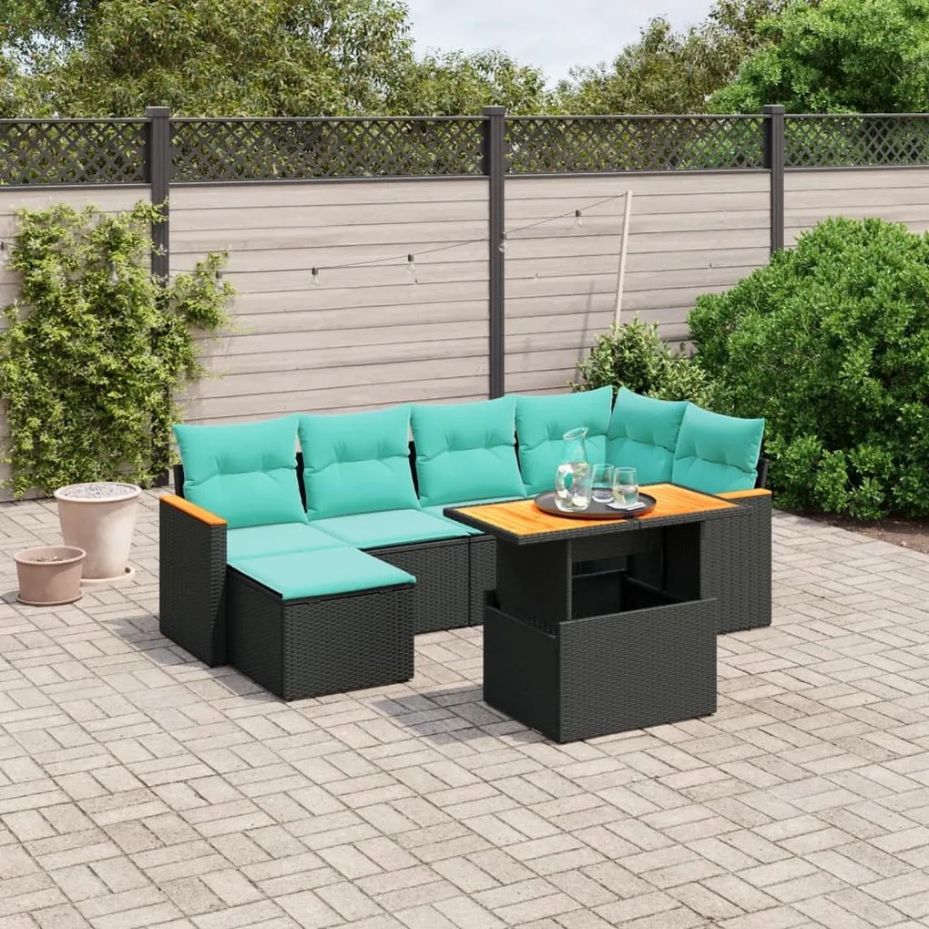 vidaXL 7 pcs conjunto de sofás p/ jardim c/ almofadões vime PE preto