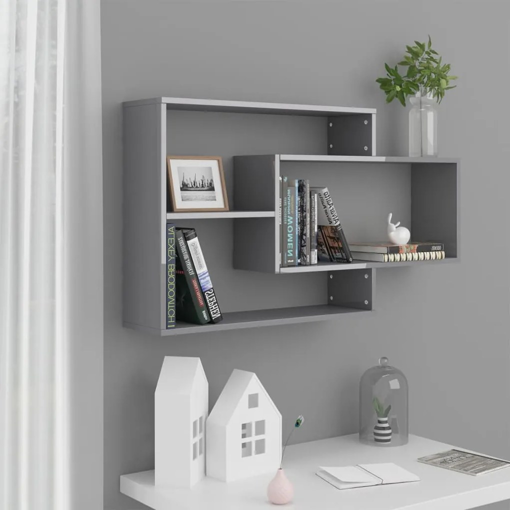 800332 vidaXL Prateleiras parede 104x20x58,5cm contraplacado cinza brilhante