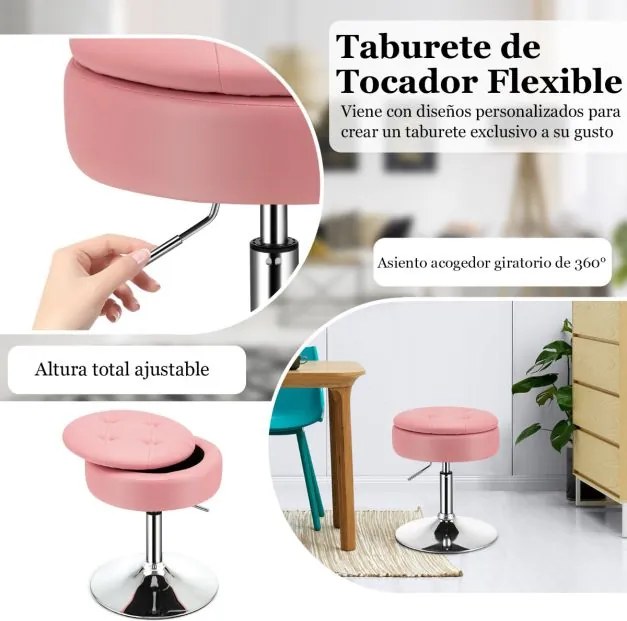 Banco Toucador Giratório com Arrumação Cadeira de Maquilhagem em Couro PU Tampa Ajustável em Altura Tampa Dobrável para Sala de Estar Quarto Rosa