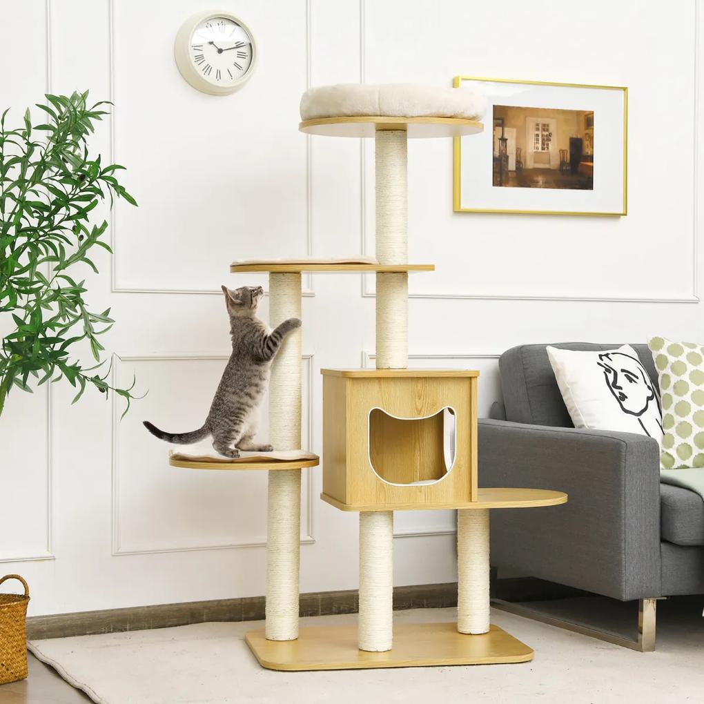 Arranhador árvore para gatos 135 cm com 4 níveis para gatinhos com plataforma de afixação de coçar em pelúcia natural
