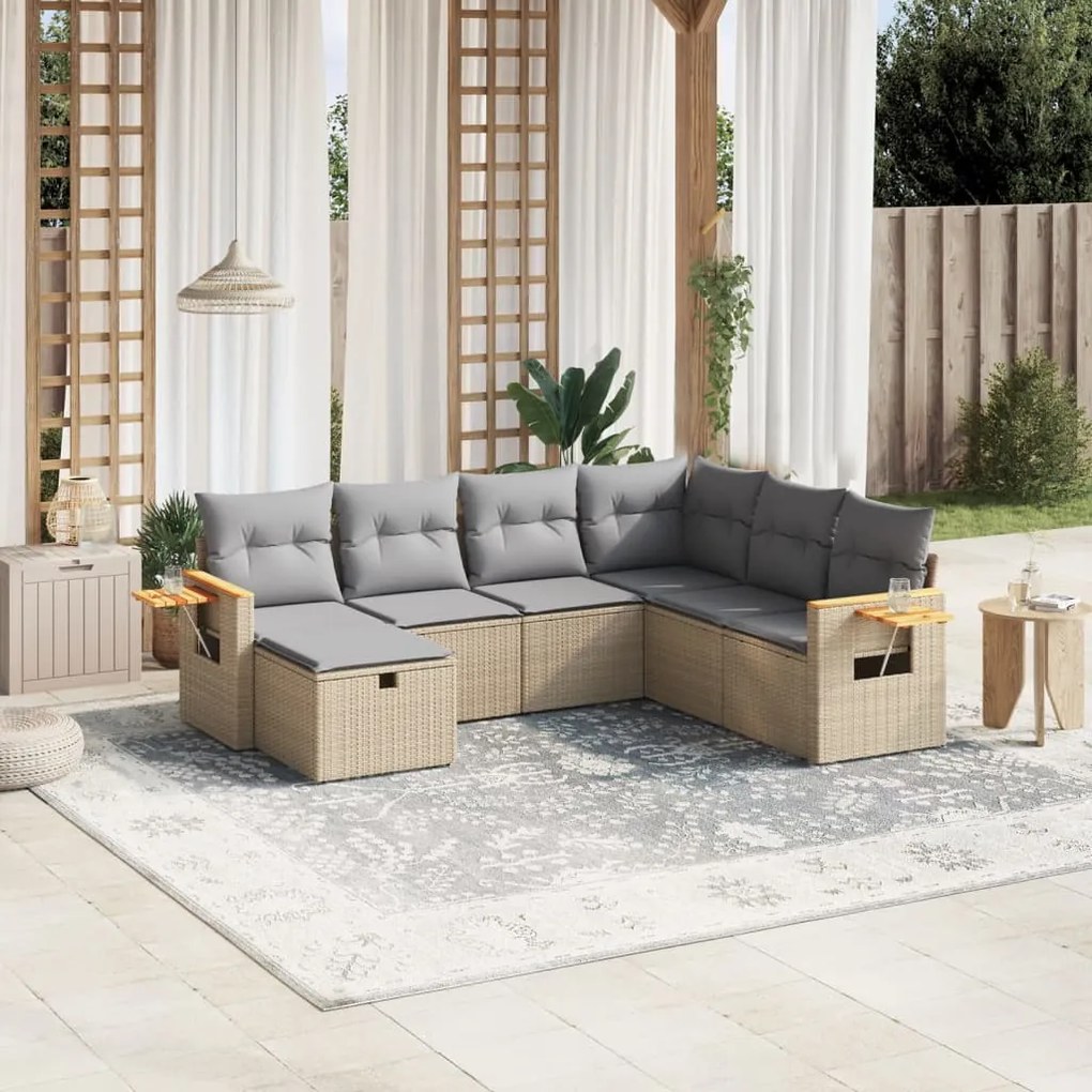 vidaXL 7 pcs conj. sofás jardim c/ almofadões vime PE bege misturado
