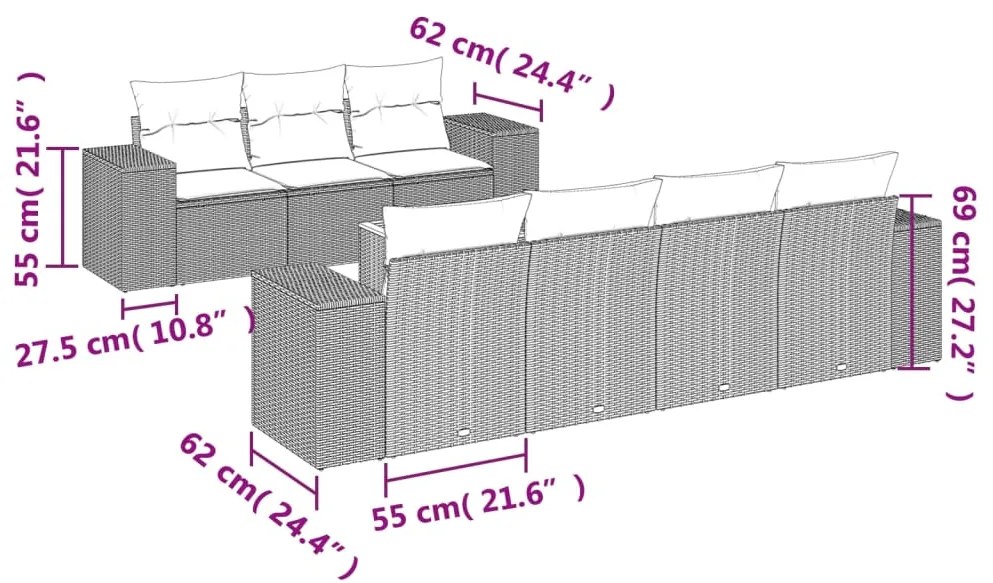 8 pcs conjunto sofás de jardim c/ almofadões vime PE cinzento