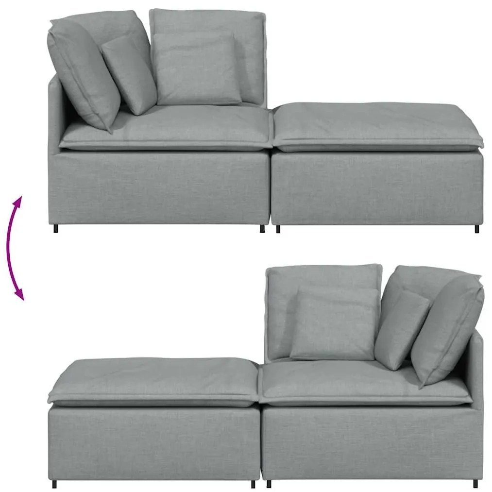 Sofá modular com pufes e almofadas tecido cinzento-claro