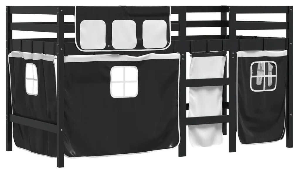 Cama alta criança c/ cortina 80x200cm pinho maciço branco/preto