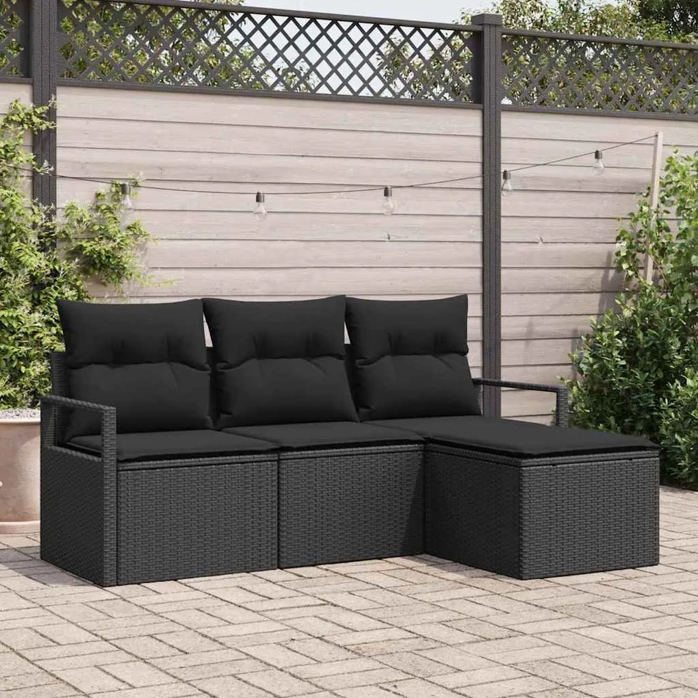 vidaXL Conjunto de Sofá de Jardim com 4 Peças e Almofadas, Preto, Rattan, Poliéster